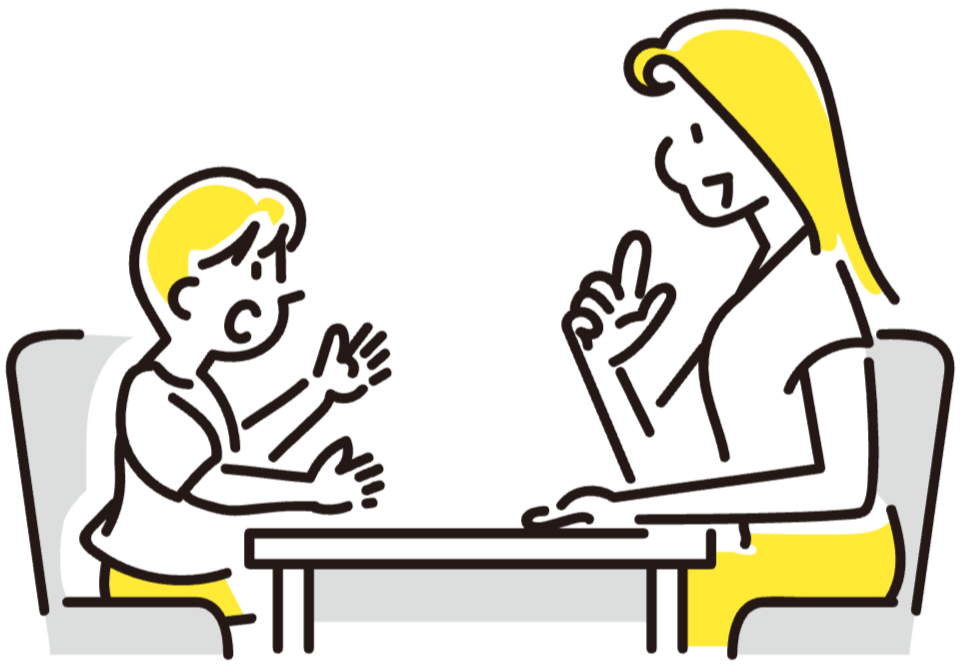 手描き風イラスト：親子が向かい合ってテーブルで会話をしている様子